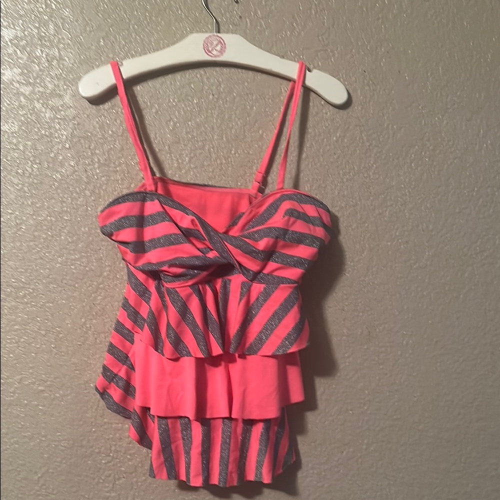 Justice swim size  16 Pink and Gray Striped Ruffle Tank Top